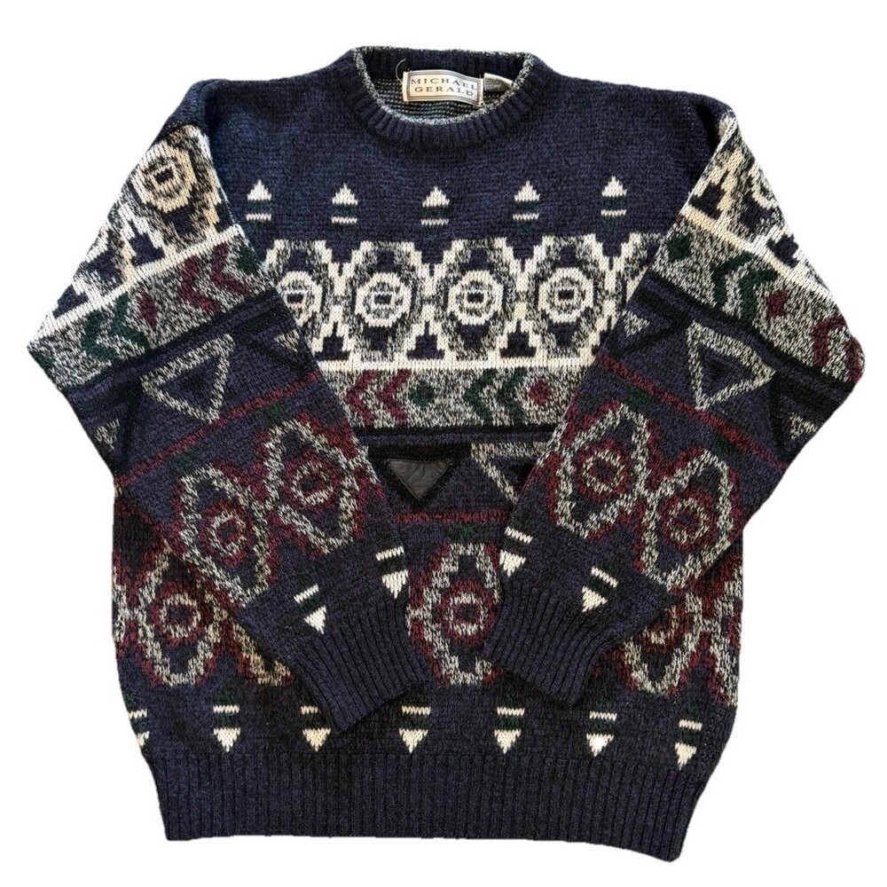 Vintage Michael Gerald Mens Large Sweater Blue Aztec Geometric Knit 90s Grandpa